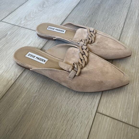Steve Madden 'Approve' Women's 7.5 Suede Taupe Leather Chain Mule Slide - Picture 2 of 9